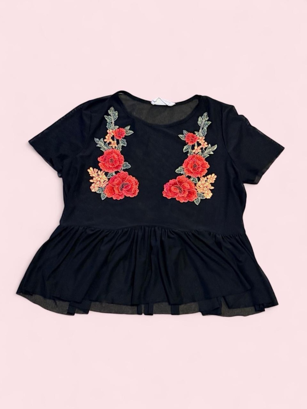 Twinkle by Wenlan Black Mesh Top with Red Floral Embroidery